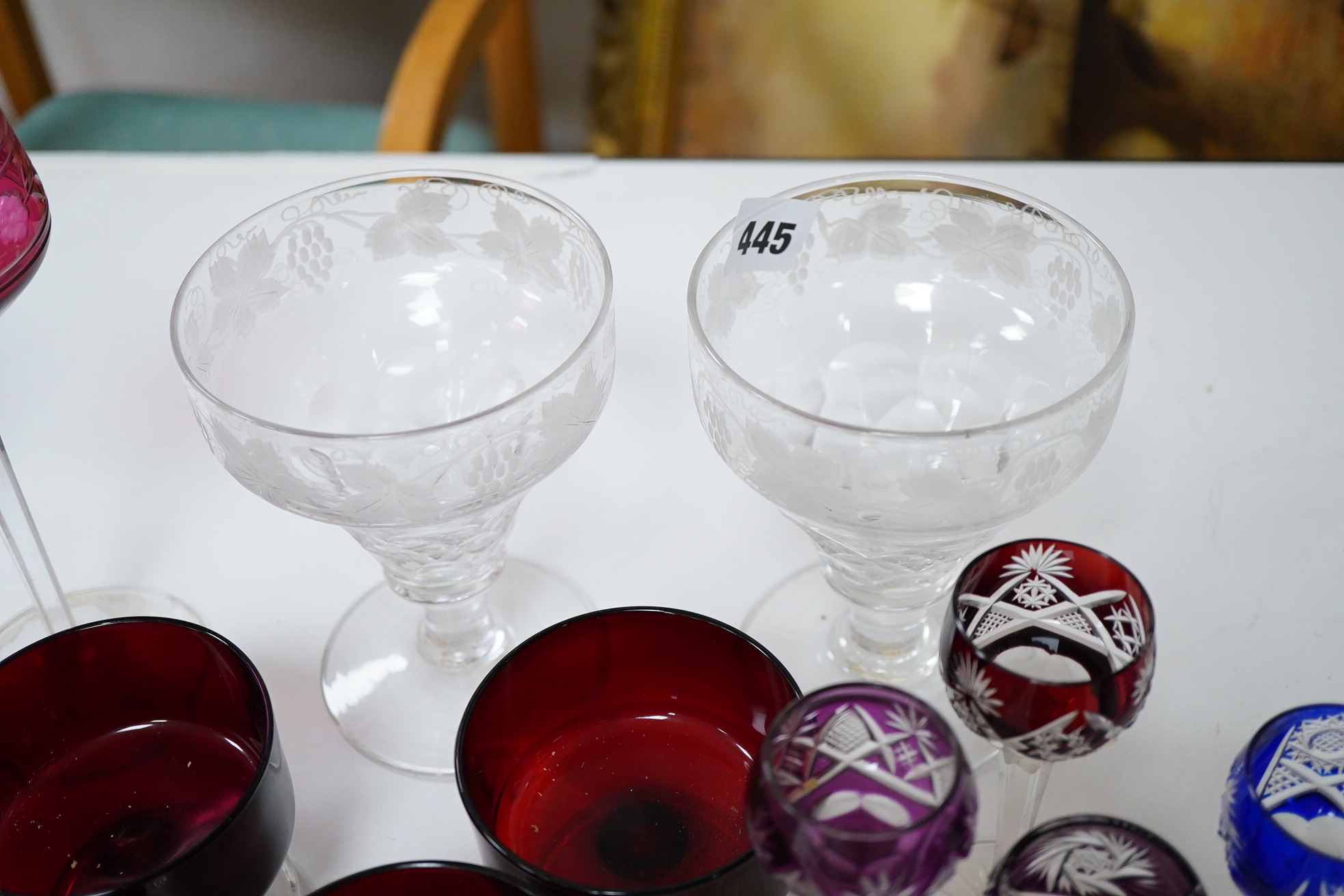 A collection of various glass ware to include hoc glasses, floral etched rummers etc.